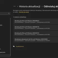 Ekran "Odinstaluj aktualizacje" w Ustawieniach Windows. Widzisz listę zainstalowanych aktualizacji, z opcją "Odinstaluj", co pozwala cofnąć aktualizację.