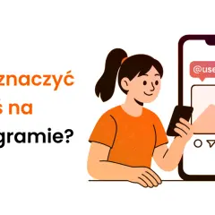Dziewczyna z telefonem uczy, jak oznaczyć kogoś w relacji na IG.