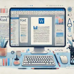 Komputer z programem Microsoft Word, klawiatura, myszka, przybory do pisania i maszyna do pisania. Widoczny podział sekcji Word.