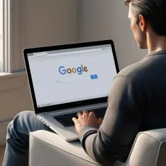 Mężczyzna siedzi przy laptopie, na ekranie którego widnieje strona Google. Uczy się, jak ustawić Google jako domyślną wyszukiwarkę.
