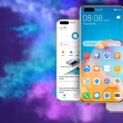 Trzy smartfony Huawei z ekranami pokazującymi interfejs i aplikacje, w tym AppGallery. To pokazuje, hms core co to jest - ekosystem usług Huawei.