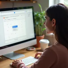 Kobieta pracuje przy komputerze, korzystając z udostępniania kalendarza Google.