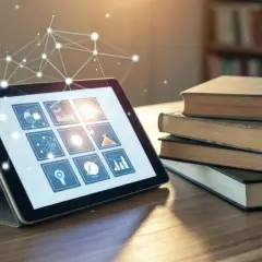 Nowoczesny tablet z ikonami naukowymi i stosem książek. Czy z tabletu można dzwonić? Tak, wiele tabletów oferuje funkcje telefoniczne.