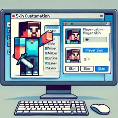 Ekran komputera pokazuje, jak zrobic skina w MC. Steve prezentuje opcje personalizacji postaci w grze Minecraft.