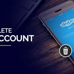 Jak usunąć konto Skype? Ilustracja pokazuje ekran logowania aplikacji Skype na telefonie, z ikoną kosza i tekstem "HOW TO DELETE SKYPE ACCOUNT".