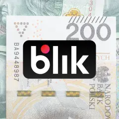 Logo Blik na tle banknotów 200 zł. Szybki i anonimowy przelew blik.