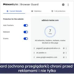 Interfejs programu Malwarebytes Browser Guard pokazujący ochronę przed reklamami, malware i oszustwami.