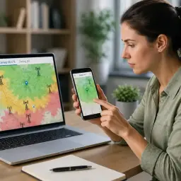 Kobieta sprawdza na telefonie i laptopie mapę zasięgu sieci komórkowej, analizując jakość sygnału 4G LTE.