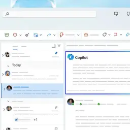 Nowy **Outlook** z Copilotem pomaga zarządzać skrzynką odbiorczą. Widok listy wiadomości i okno podglądu z asystentem AI.