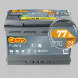 Akumulator Centra Futura 77 Ah. Powiększenie pokazuje, jak sprawdzić pojemność akumulatora, czyli 77 Ah.