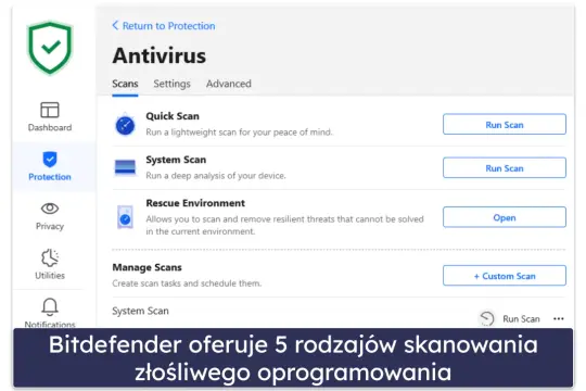 Interfejs Bitdefender Antivirus pokazuje opcje skanowania: Szybkie, Systemowe, Ratunkowe i Zarządzanie skanami. To najlepszy antywirus do ochrony.