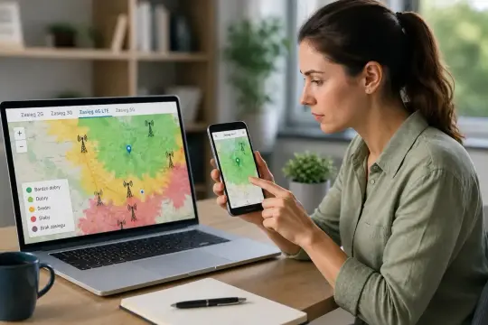 Kobieta sprawdza na telefonie i laptopie mapę zasięgu sieci komórkowej, analizując jakość sygnału 4G LTE.