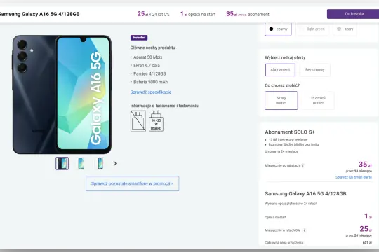 Samsung Galaxy A16 5G 4/128GB w ofercie play abonament bez telefonu 19 zł miesięcznie. Zobacz szczegóły.