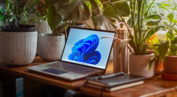 Laptop z systemem Windows 11 otoczony zielenią. Zastanawiasz się, ile zajmuje Windows 11?