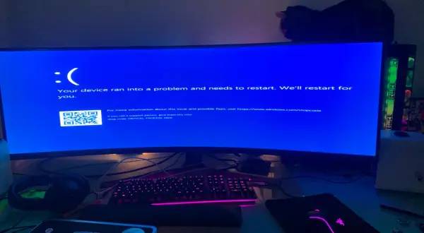 Niebieski ekran Windows 10 z komunikatem "CRITICAL PROCESS DIED". Komputer się zawiesił, a kot obserwuje sytuację z góry.