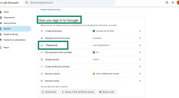 Ekran konta Google, sekcja Bezpieczeństwo. Widoczna opcja "Hasło" - tutaj dowiesz się, jak zmienić hasło na Gmail.