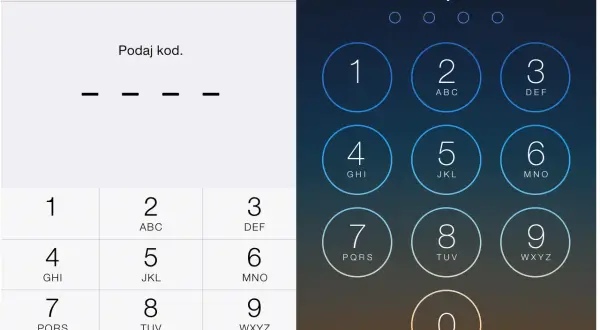 Blokada ekranu iPhone. Ustawianie kodu PIN, widoczna klawiatura numeryczna i cztery kreski symbolizujące wprowadzane cyfry.