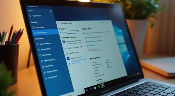 Ekran laptopa z ustawieniami sieci, pokazujący jak wyłączyć tryb samolotowy w laptopie.