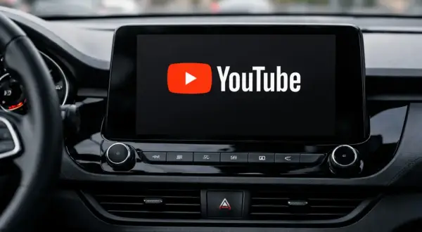 Ekran samochodu z logo YouTube, gotowy do odtwarzania filmów przez Android Auto.