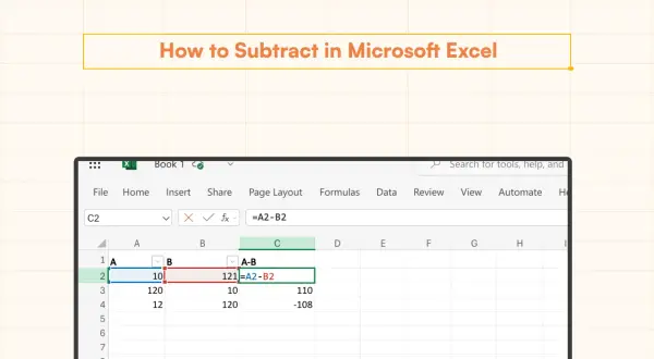 Arkusz kalkulacyjny Excel pokazuje, jak wykonać odejmowanie w Excelu, używając formuły `=A2-B2`.