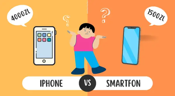 Chłopak zastanawia się, czym się różni iPhone (4000 zł) od smartfona (1500 zł).