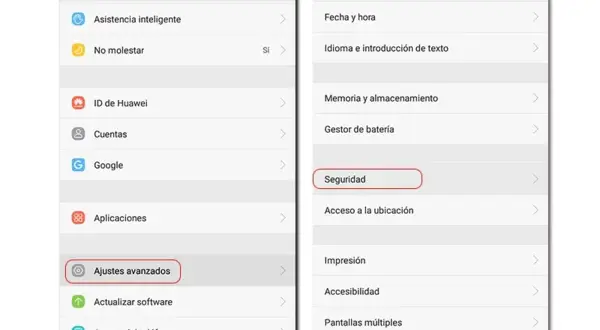 Ekran telefonu z ustawieniami. Widać opcję "Seguridad", gdzie można ustawić kod PIN.