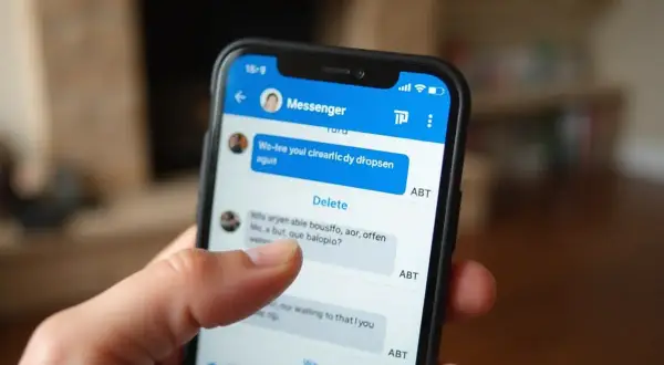 Palec dotyka ekranu telefonu, pokazując jak usunąć wiadomości z Messengera. Widoczna opcja "Delete" nad tekstem.