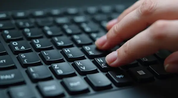 Dłoń pisze na klawiaturze, palec wskazujący naciska klawisz "C", obok widać "N" i "E". Może to być początek pisania słowa z "o umlaut na klawiaturze".