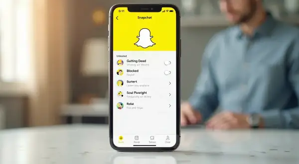 Ekran telefonu z listą zablokowanych użytkowników na Snapchacie. Widzisz opcję "Unblocked" i przyciski, jak odblokować kogoś na Snapie.