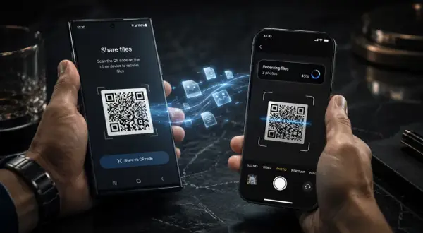 Dwa telefony, jeden udostępnia pliki przez QR kod, drugi je odbiera. Szybkie udostępnianie danych, jak tethering, bez kabli.