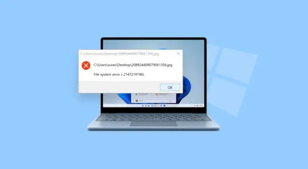 Okno z błędem systemu plików na laptopie. DDE Server Window.