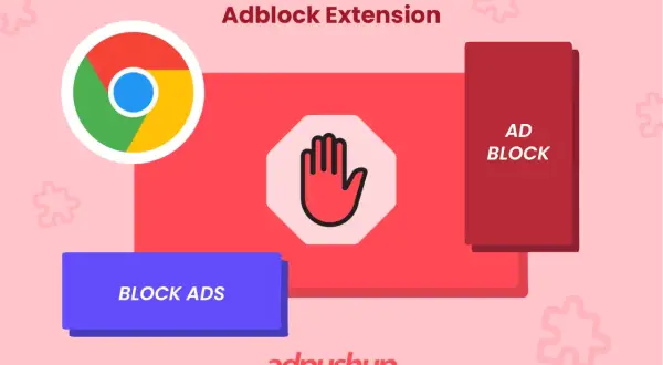 Logo Chrome i symbol stop z napisem "AD BLOCK" sugerują rozszerzenie Adblock dla Chrome na Androida.