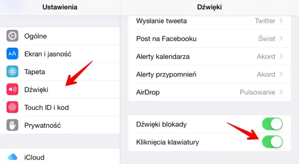 Ustawienia telefonu, sekcja Dźwięki. Czerwona strzałka wskazuje opcję "Kliknięcia klawiatury", która pozwala wyłączyć dźwięk klawiatury.