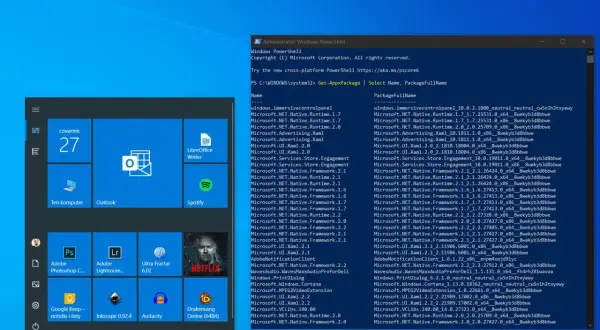 Widok ekranu Windows z otwartym PowerShell, gdzie widać komendę do sprawdzenia zainstalowanych aplikacji, pomocną gdy zastanawiasz się, jak odinstalować aplikacje na laptopie.