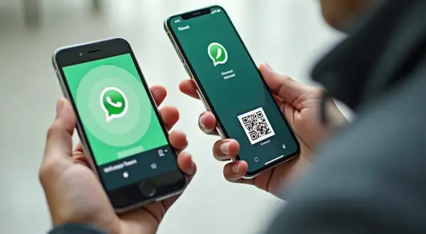 Dwie osoby trzymają telefony, jeden z logo WhatsApp, drugi z kodem QR. Pokazuje to, jak przenieść WhatsApp na nowy telefon.