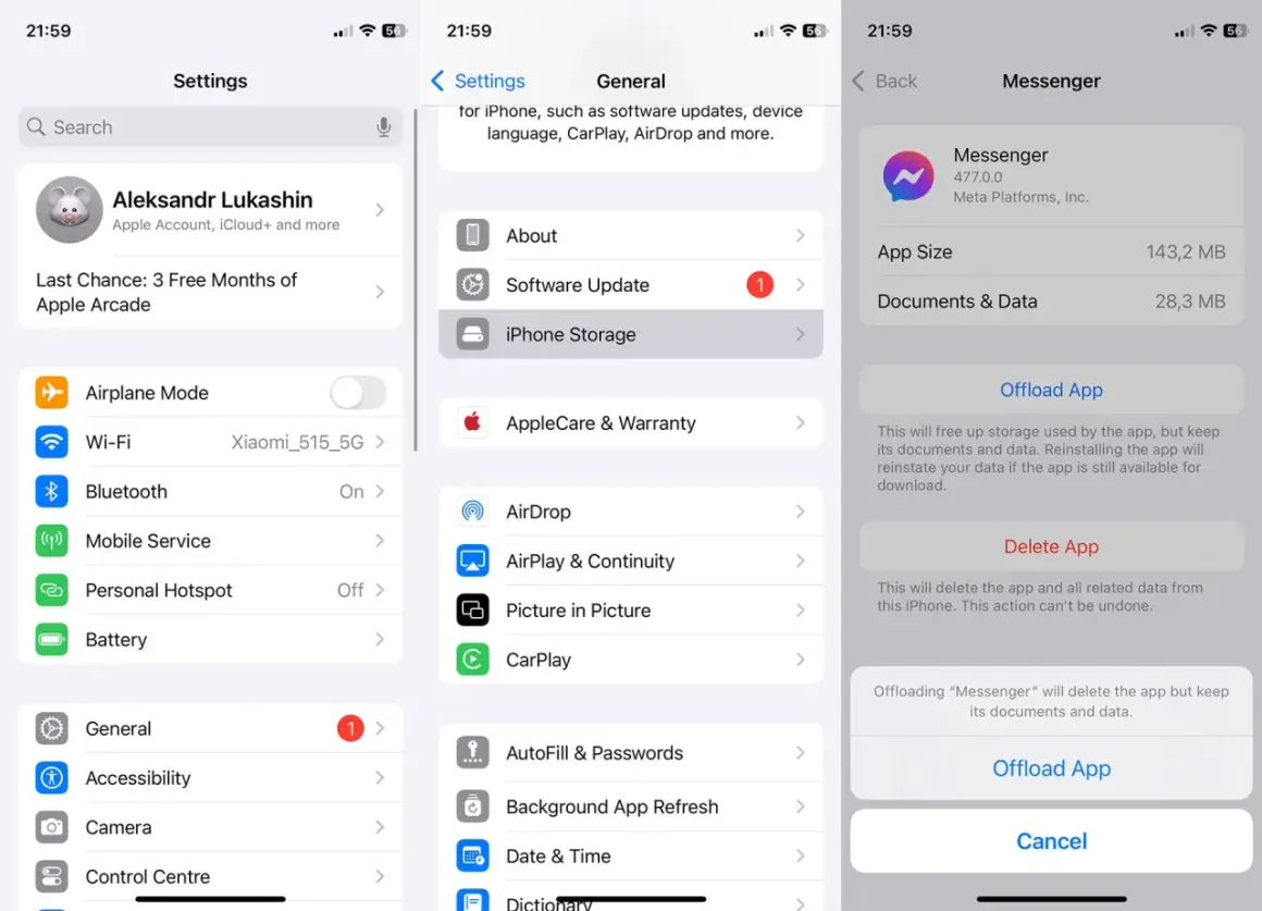 Jak wyczyścić Messenger? Na ekranie iPhone'a widać opcję "Odciąż aplikację" w ustawieniach Messengera, co pozwala zwolnić miejsce.