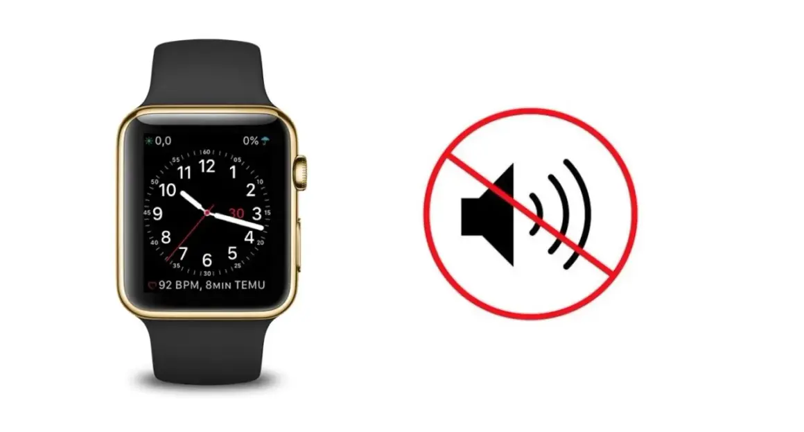 Złoty smartwatch obok symbolu wyciszenia. Dowiedz się, jak wyłączyć dźwięk w smartwatch, aby cieszyć się ciszą.