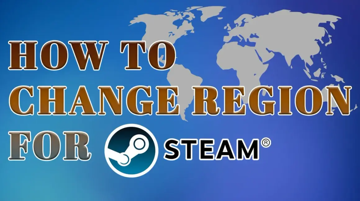 Jak zmienić region na Steam? Grafika z mapą świata i logo Steam.