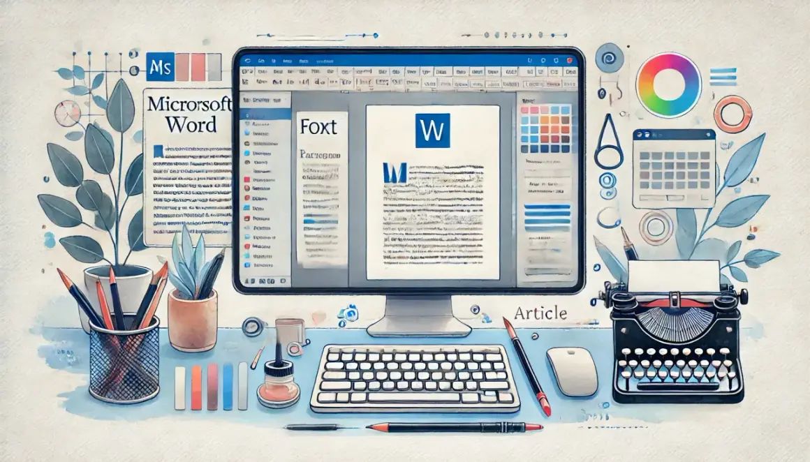 Komputer z programem Microsoft Word, klawiatura, myszka, przybory do pisania i maszyna do pisania. Widoczny podział sekcji Word.
