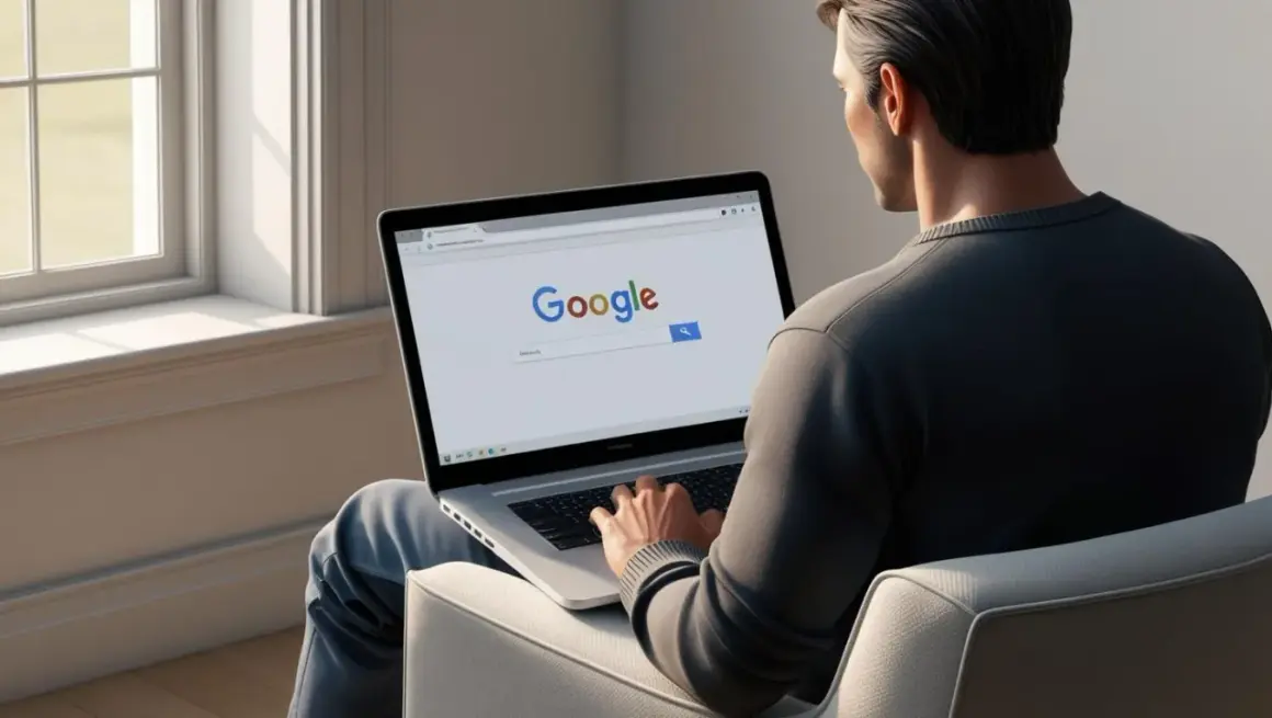 Mężczyzna siedzi przy laptopie, na ekranie którego widnieje strona Google. Uczy się, jak ustawić Google jako domyślną wyszukiwarkę.