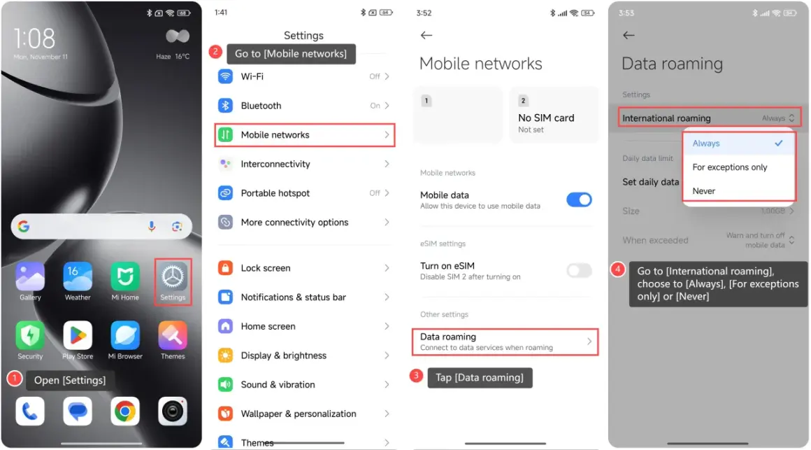 Ustawienia telefonu: włączenie roamingu Play. Wybierz "Dane mobilne", a następnie "Roaming danych".