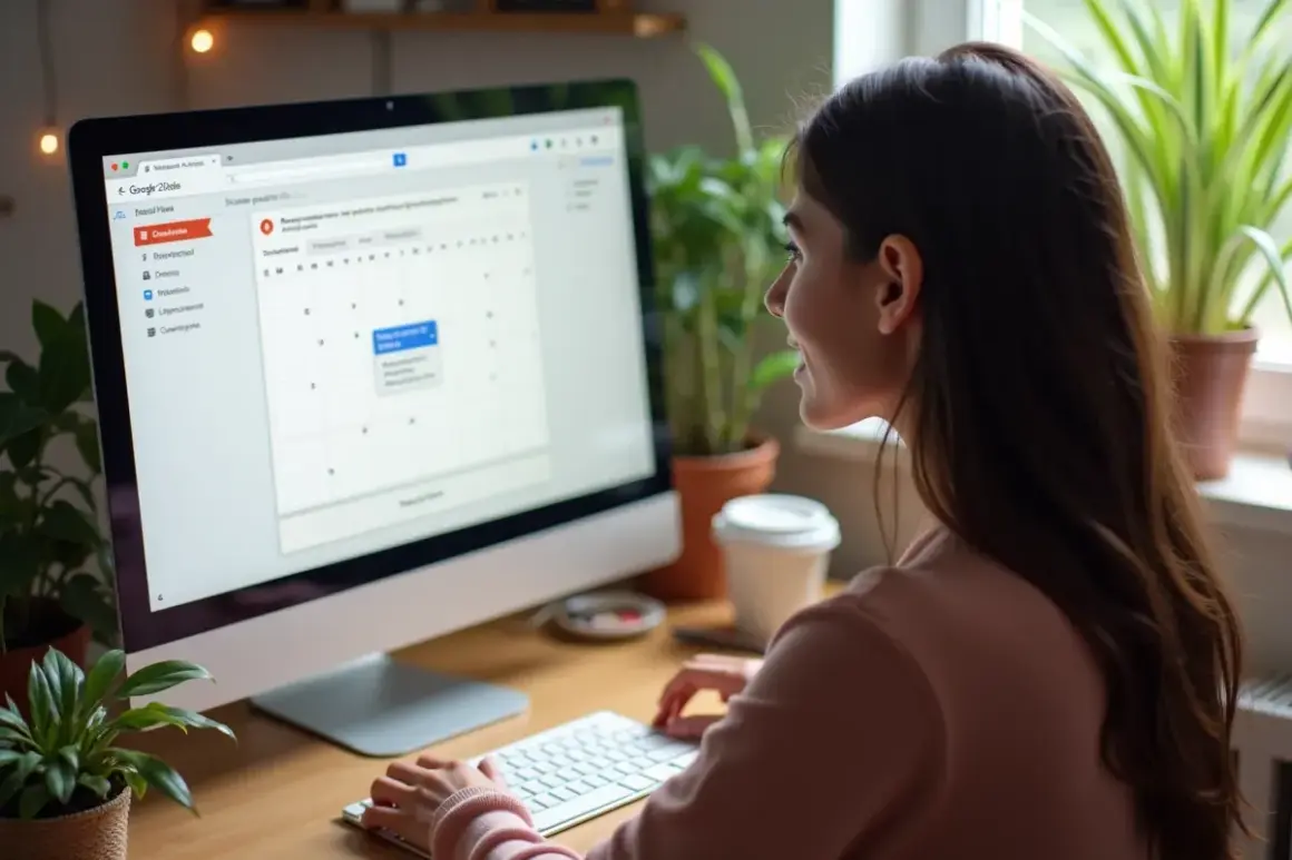 Kobieta pracuje przy komputerze, korzystając z udostępniania kalendarza Google.