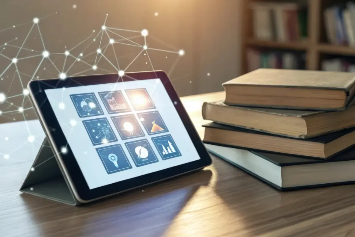 Nowoczesny tablet z ikonami naukowymi i stosem książek. Czy z tabletu można dzwonić? Tak, wiele tabletów oferuje funkcje telefoniczne.