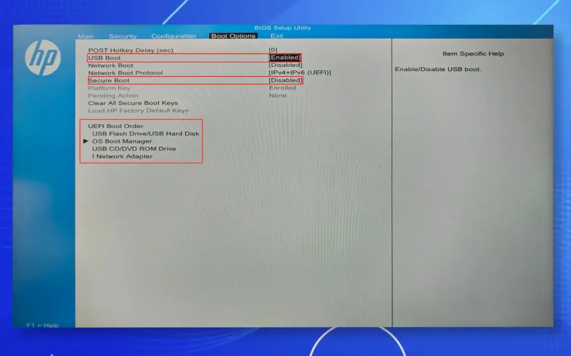 Ustawienia BIOS HP. Widoczna opcja "UEFI Boot Order", gdzie można wybrać kolejność bootowania, np. z pendrive'a z systemem Linux.