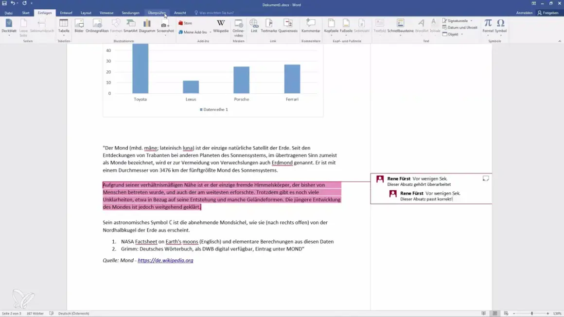 Jak dodać komentarz w Wordzie: widzisz okno programu Word z tekstem o Księżycu i dwoma komentarzami od Rene Fürst.