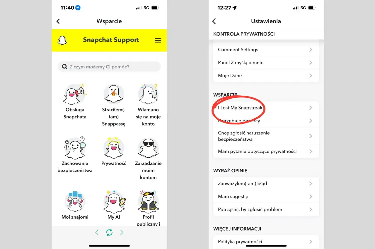 Ekran pomocy Snapchata. Widoczna opcja 