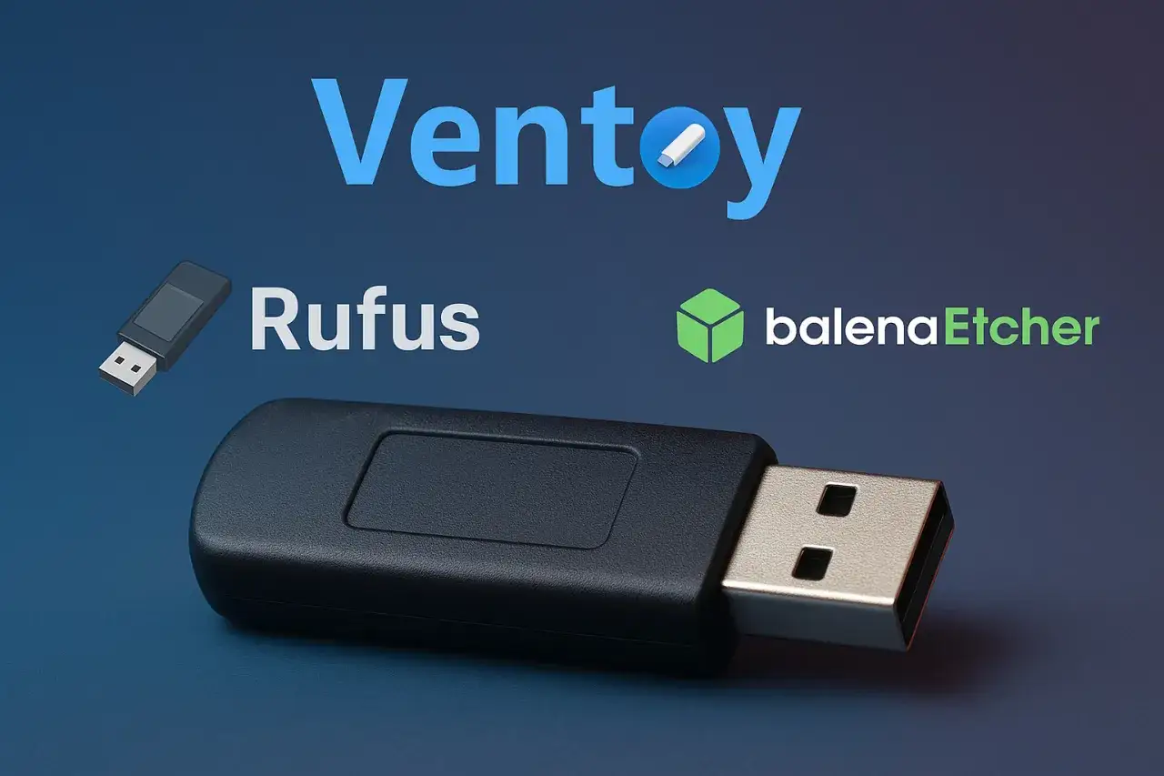Narzędzia Ventoy, Rufus i balenaEtcher do tworzenia bootowalnych pendrive'ów z systemem Linux.