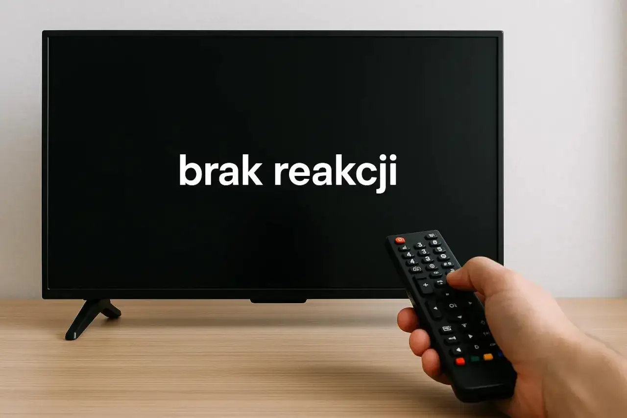 Ręka trzymająca pilot do telewizora Samsung, na ekranie napis