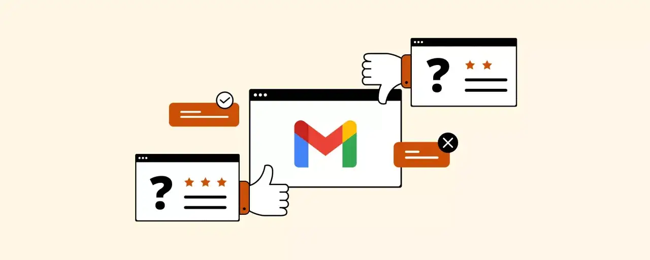 Grafika przedstawia logo Gmail i okna przeglądarki z pytaniami, ocenami i symbolami kciuka w górę/dół. Czy można zmienić nazwę Gmail?