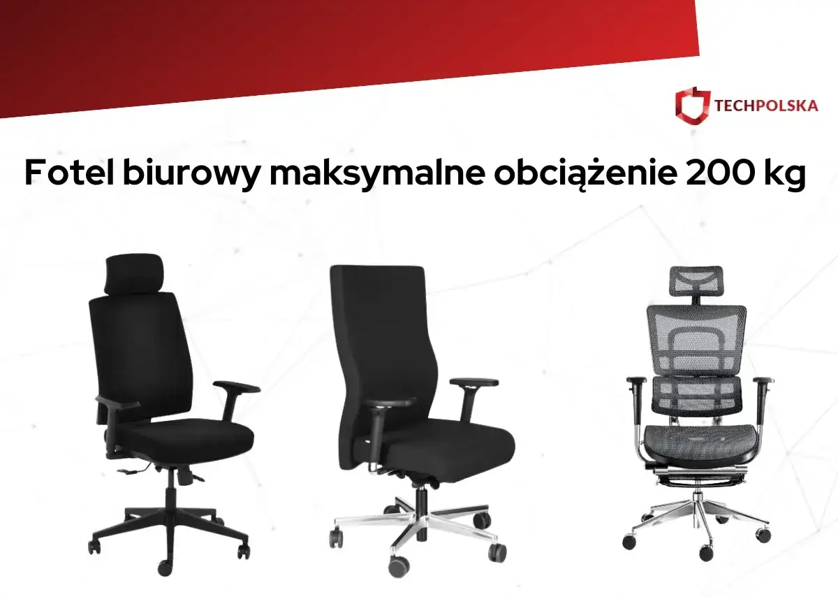 Trzy czarne fotele biurowe, w tym jeden z zagłówkiem i siatkowanym oparciem, przeznaczone dla osób do 200 kg.